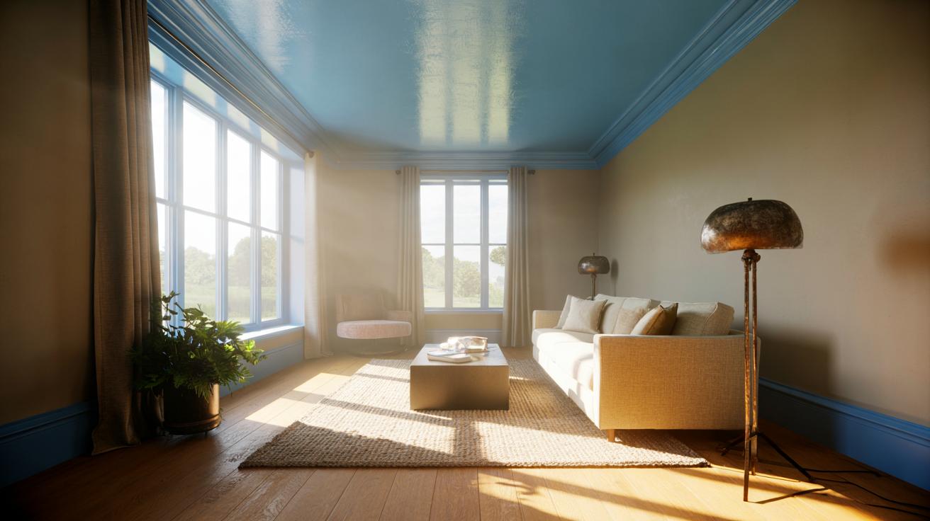 Illustration of a living room interior with a pale sky blue painted ceiling enhancing light and perceived height