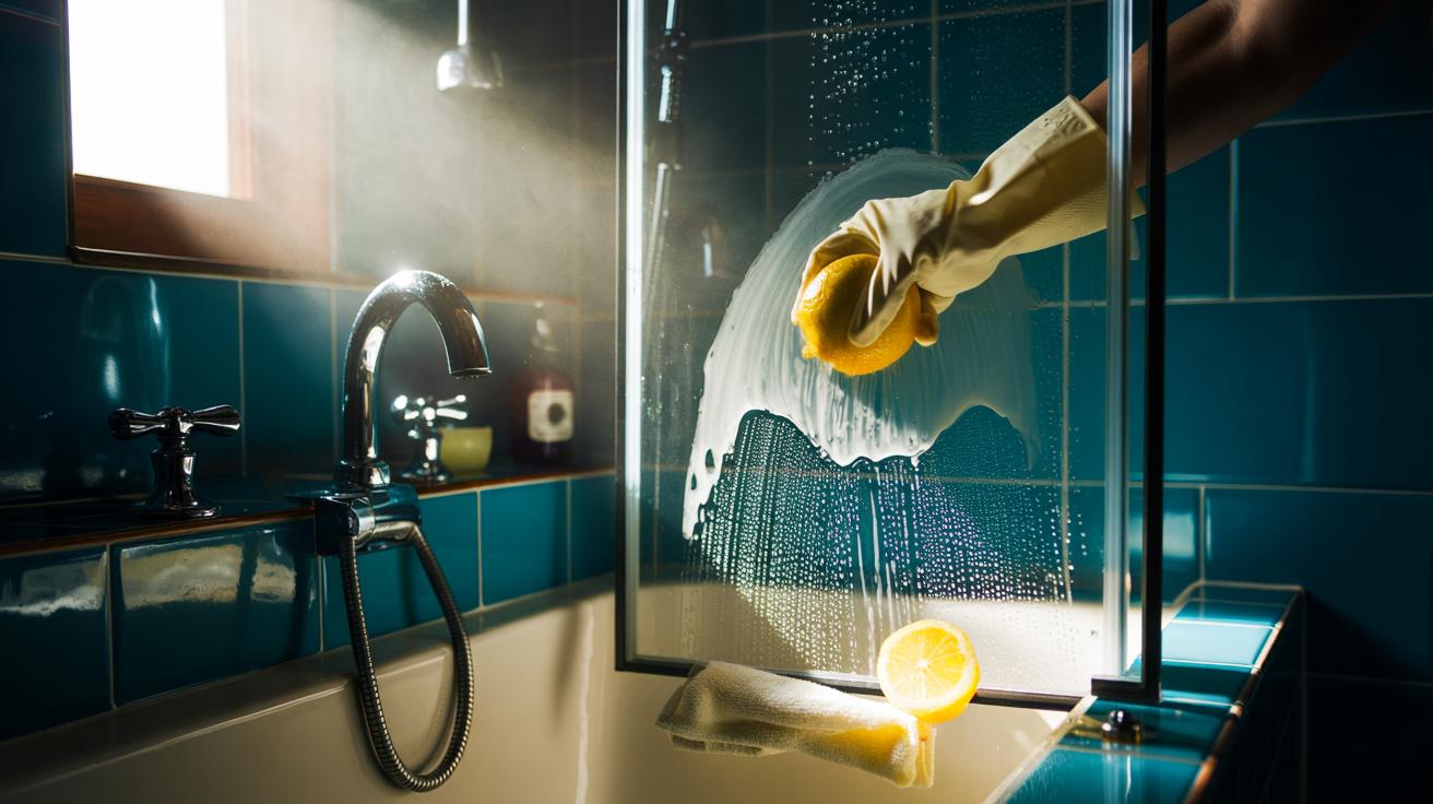 Illustration of lemon juice being used to clean shower glass, tiles, and chrome taps