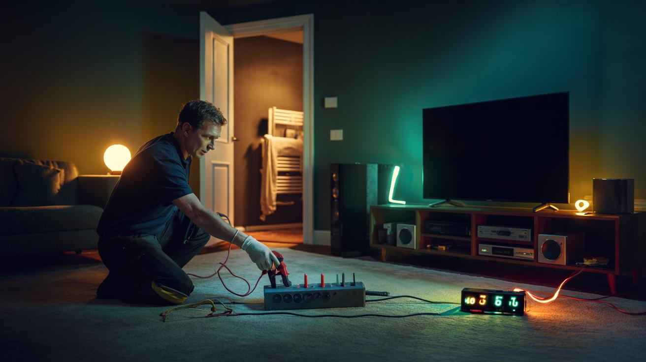 Illustration of an electrician using a power meter to identify hidden standby energy drains in household devices