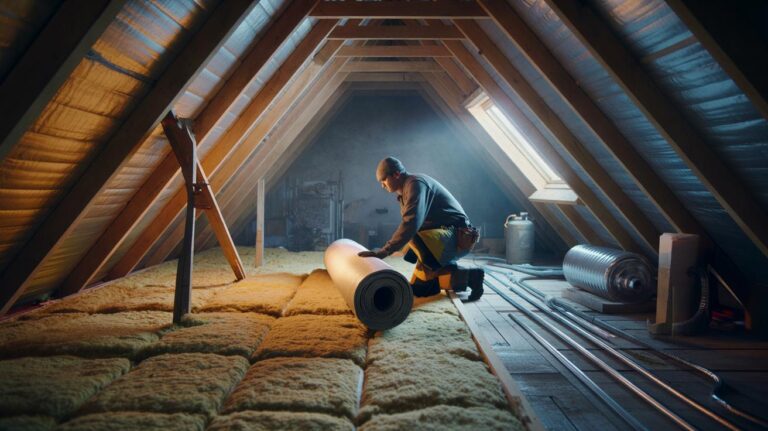 Illustration of a worker laying 270–400 mm mineral wool in a UK loft and sealing the hatch to cut winter heating bills