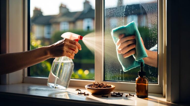 Illustration of a hand spraying a clove-infused cleaning solution onto a window and wiping with a microfiber cloth for a streak-free finish