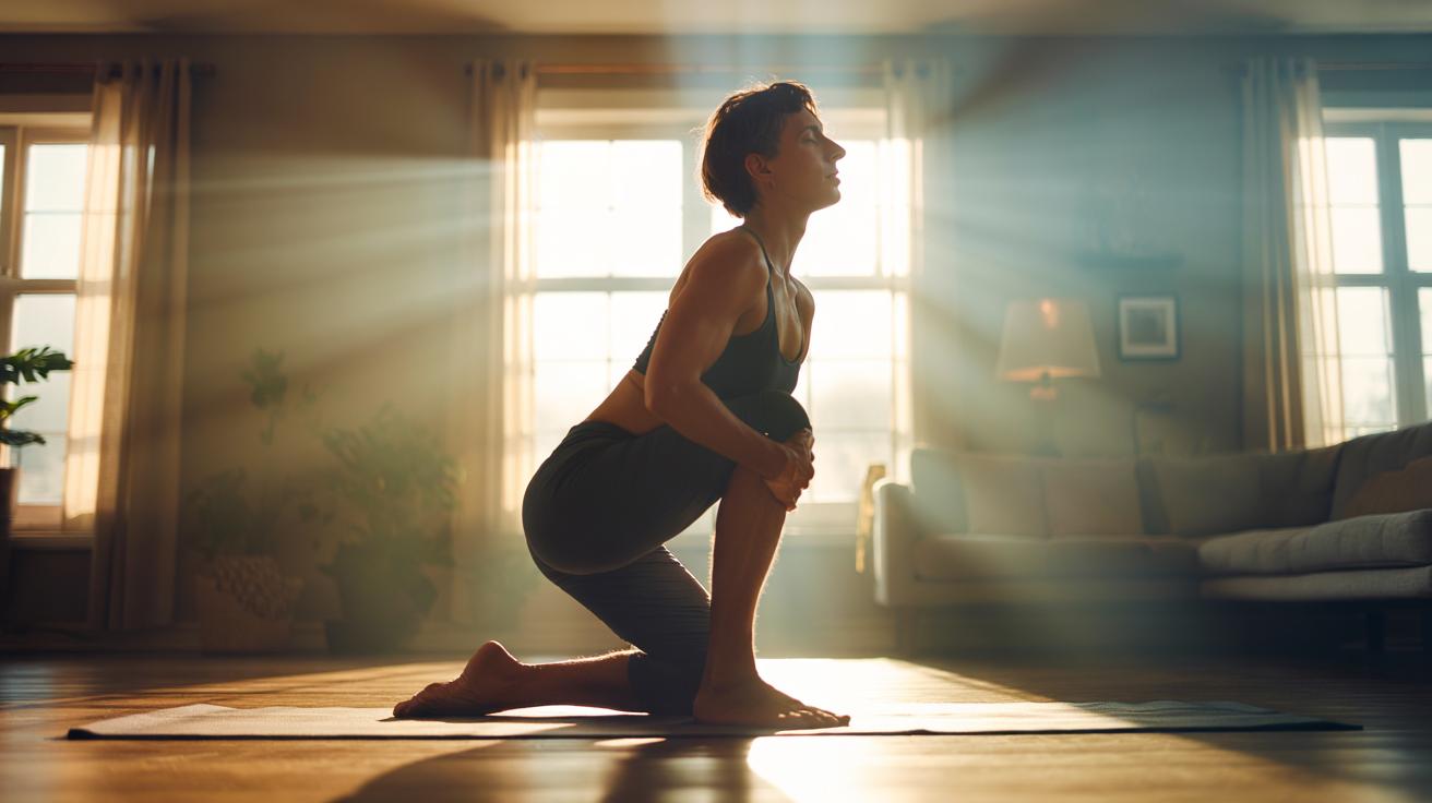 Illustration of a person performing a doctor-recommended 10-minute daily stretching routine at home to boost energy, without gym equipment