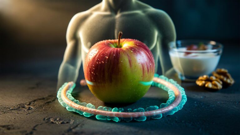 Illustration of a fresh apple alongside a stylised digestive tract and microbiome icons, representing one apple a day for improved gut health