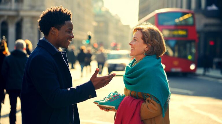 Illustration of two strangers exchanging a sincere compliment on a city street, showing mutual smiles and uplifted mood