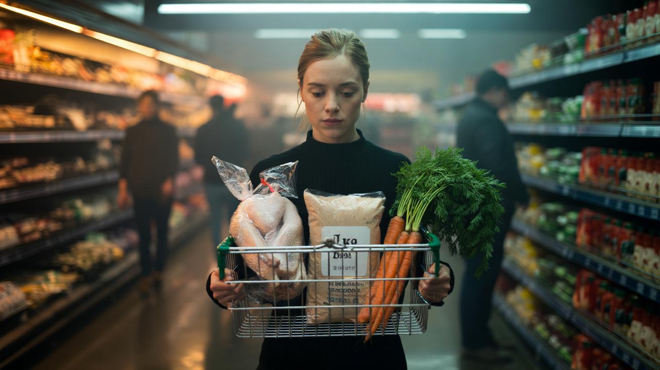 Illustration of a shopper in a UK supermarket holding a basket with three anchor groceries — protein, produce, and a base — to demonstrate the Finnish three-item shopping hack