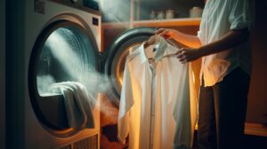 Illustration of the damp towel method to remove wrinkles from clothes without ironing