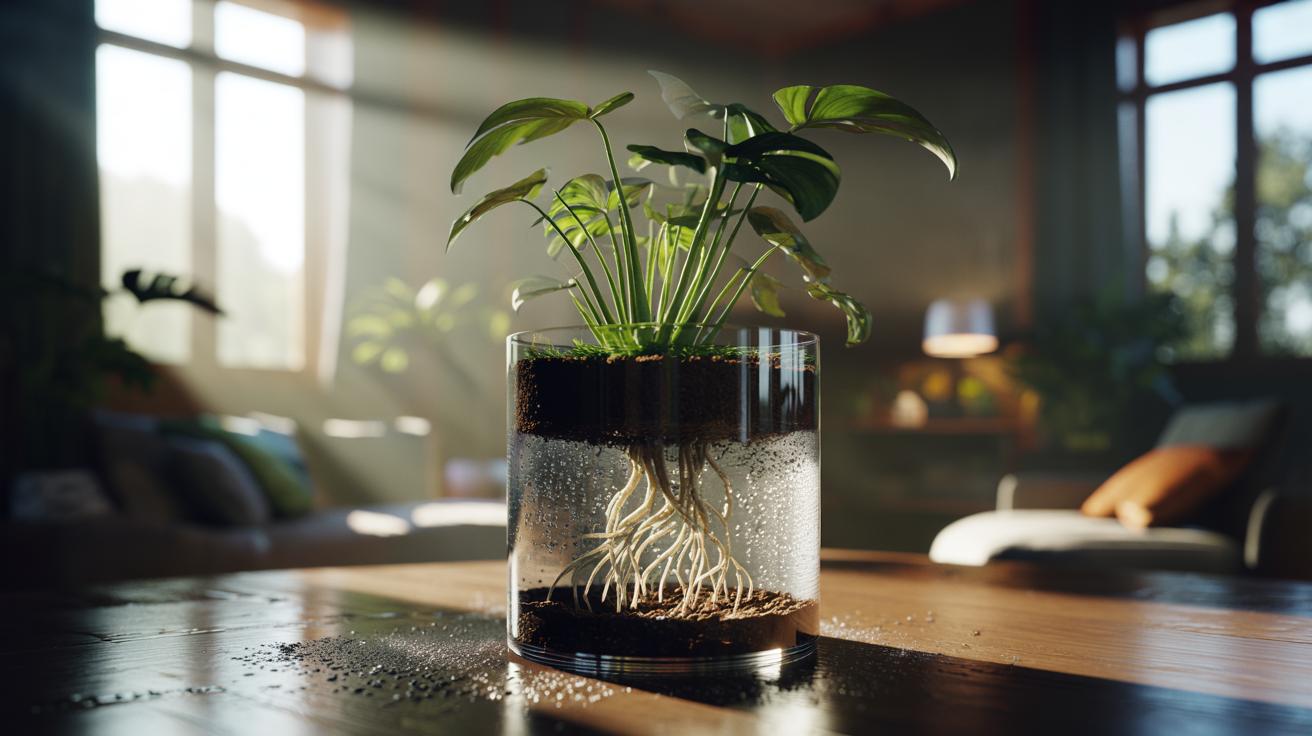 Illustration of water-harvesting hydrogel granules mixed into potting soil, keeping indoor houseplants hydrated