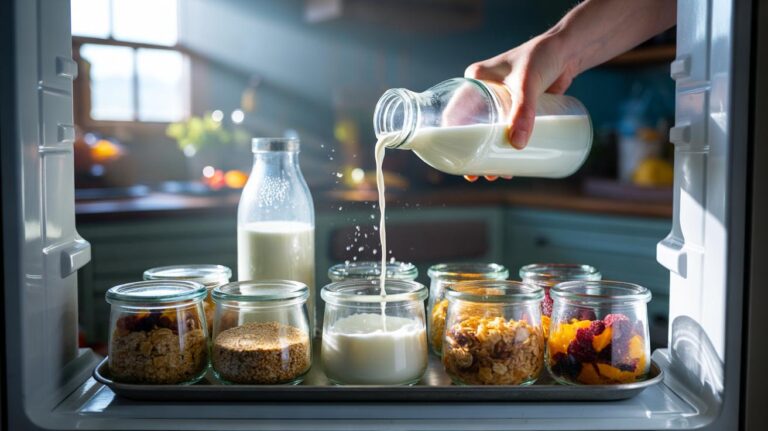 Illustration of pre-portioned cereal jars and a small bottle of milk on a fridge tray for a two-step breakfast prep