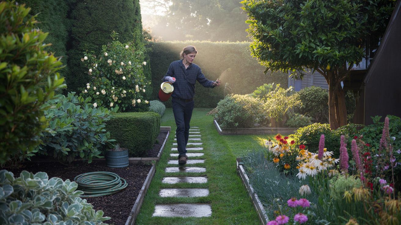 Illustration of the 2-1-1 gardening rule applied in a UK backyard with two-thirds evergreen backbone plants, one-third seasonal performers, and a gardener doing a 15-20-minute weekly check