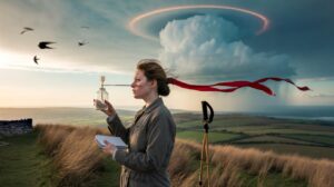 Illustration of a person forecasting rain by reading clouds, wind shifts, wildlife cues, and a homemade barometer without using an app