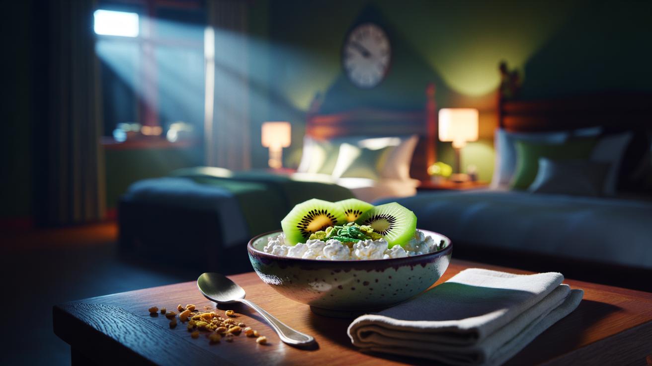 Illustration of a small bowl of cottage cheese topped with sliced kiwi as a late-night snack to support better sleep