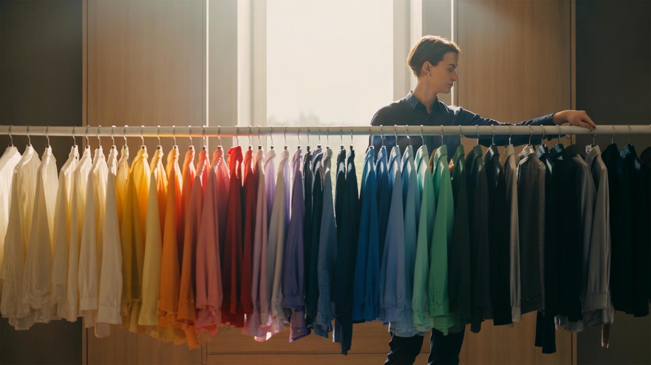 Illustration of a colour-coded wardrobe with clothes arranged by hue, from light to dark, to create stress-free mornings